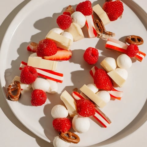 Festive Red and White Candy Cane Snack Board showcasing fresh berries and creamy cheeses for holiday enjoyment.