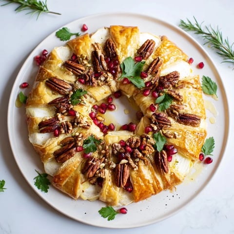 Festive baked Pomegranate and Brie Wreath, showcasing creamy cheese and bright, juicy pomegranate seeds.