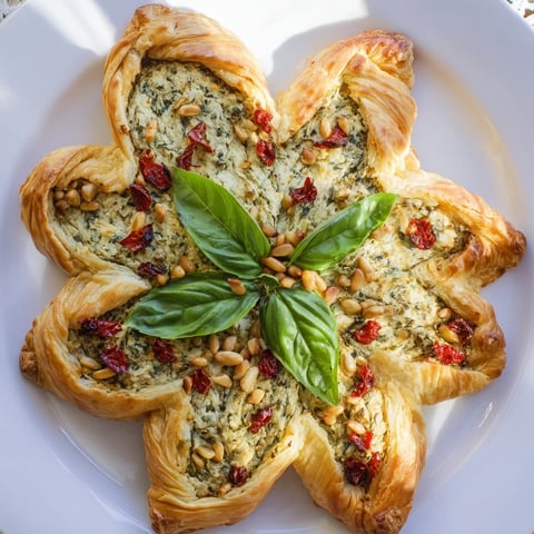 Golden-brown Poinsettia Puff Pastry Appetizer, a savory wreath filled with creamy herb cheese.