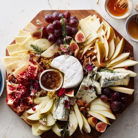 A beautiful Star of Bethlehem cheese platter, inviting with ripe fruit and a variety of cheeses.