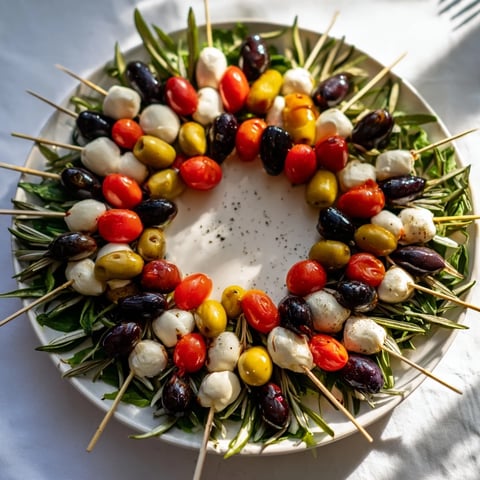 Appetizer Wreath filled with juicy cherry tomatoes, olives, herbs, and mozzarella, ready to serve.