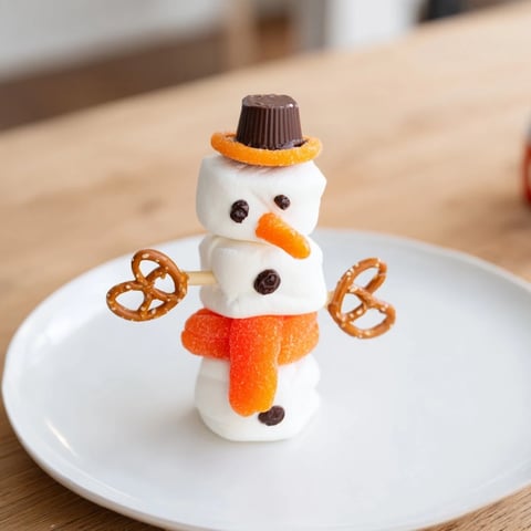 Marshmallow snowman stick arrangement, an irresistibly cute winter dessert treat arranged on a plate.