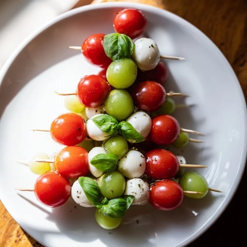 Vibrant Red and Green Caprese Skewer Tree, a holiday appetizer with fresh mozzarella and basil.