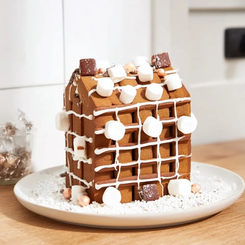A beautifully frosted gingerbread house frame, ready to spotlight your Christmas cookies on a festive holiday table.