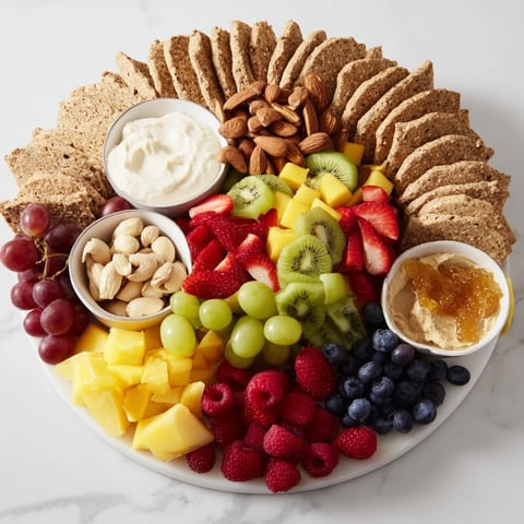 Vibrantly colored Hidden Oasis appetizer ring bursting with fresh fruits and creamy dips, ready to serve.