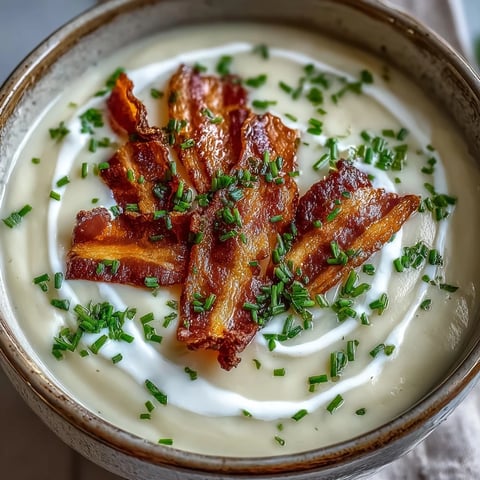 Creamy Celeriac Soup with Crispy Bacon ladled into a white bowl, topped with golden bacon bits and fresh chives.