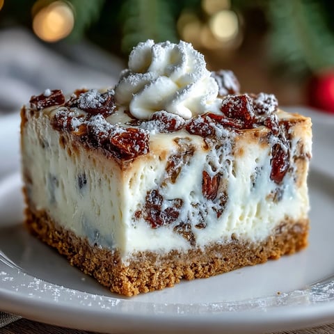 A close-up of Christmas Cheesecake Slab squares topped with whipped cream and dusted with icing sugar.