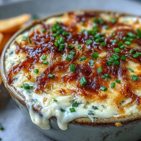 A warm, bubbly skillet of Smoked Gouda & Onion Dip, golden on top and ready for dipping.  