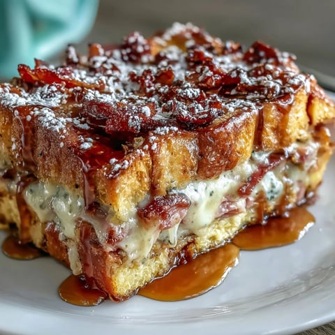 Golden-brown Monte Cristo Breakfast Casserole slices revealing layers of ham, turkey, and Swiss cheese, served with maple syrup.