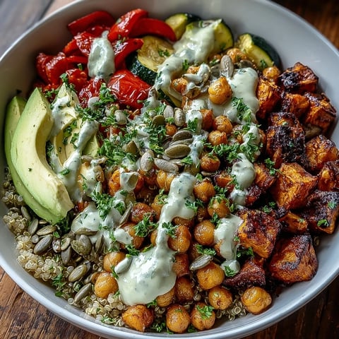 Spiced chickpeas and roasted vegetables top this vibrant Chickpea Power Bowl, finished with creamy tahini sauce.
