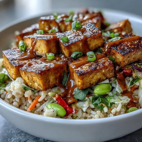 Crispy tofu cubes and vibrant vegetables on brown rice, drizzled with creamy peanut sauce in a nourishing Peanut Tofu Power Bowl.