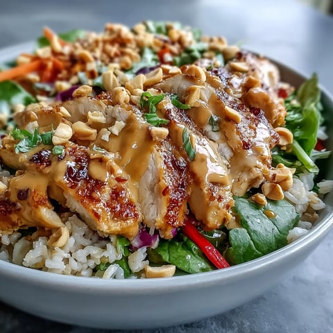 Vibrant Peanut Chicken Power Bowl features baked chicken, grains, crisp veggies, and creamy peanut sauce drizzled over the top.
