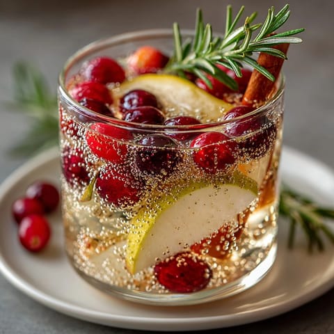 Pitcher of Pear & Cranberry Sangria featuring sliced fruit and herbs, holiday beverage.