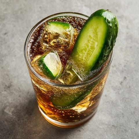 Close-up of funky Pickle Juice Cola; fizzy, tangy, and garnished—a daring treat!