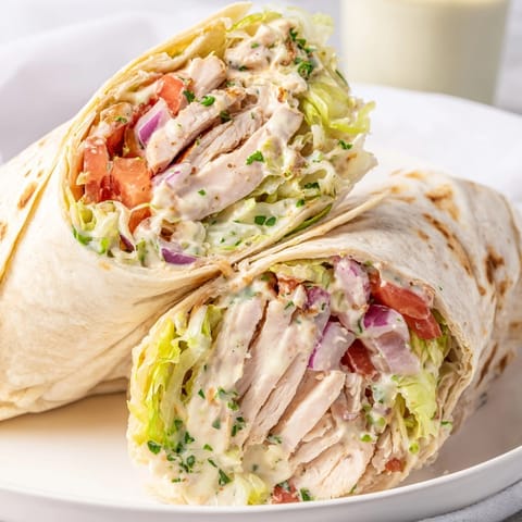 Golden grilled Garlic Herb Chicken Alfredo Wraps, sliced to show the vibrant, savory filling.