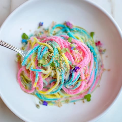 Vibrant Neon Noodle Cloud with edible flowers, perfect for parties and celebrations.  