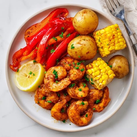 Colorful Cajun Shrimp & Sweet Corn Platter perfect for summer gatherings and celebrations.  