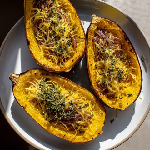 Warm, melted Gruyere tops acorn squash halves loaded with rich Caramelized Onion Gruyere Squash filling.