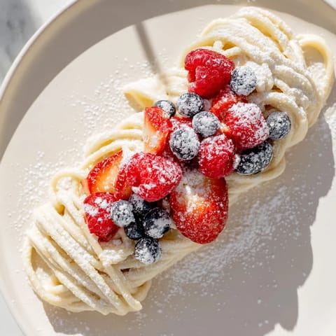 Golden pancake spaghetti piled high, topped with fresh berries and powdered sugar for breakfast.