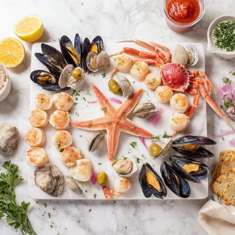 Starfish & Shell Appetizer Board overflowing with chilled seafood and dipping sauces, ready to be enjoyed.