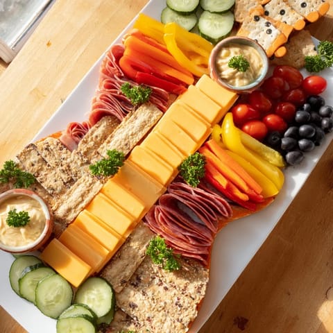 This colorful rock star guitar snack platter features cheese, meats, crackers, and dips for party goers.