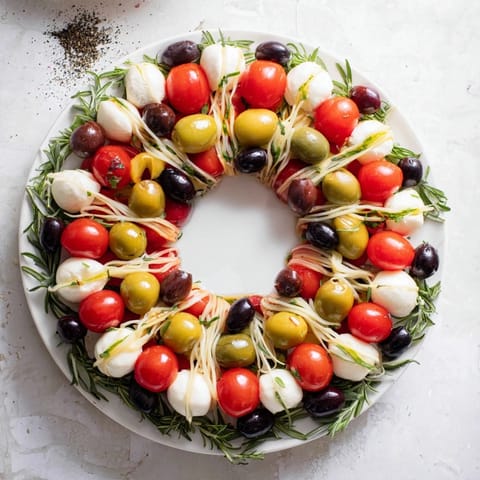 Vibrant Appetizer Wreath arranged with colorful tomatoes and olives, a holiday-perfect ring on a platter.