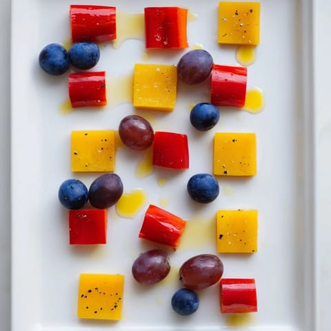 Colorful Bauhaus Block appetizer features a modern geometric design with fresh bell pepper and cheese.