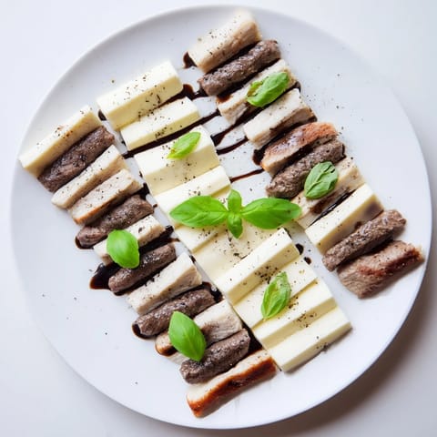 Delicious Safari Stripes party platter featuring grilled meat and fresh mozzarella, ready to serve with basil.
