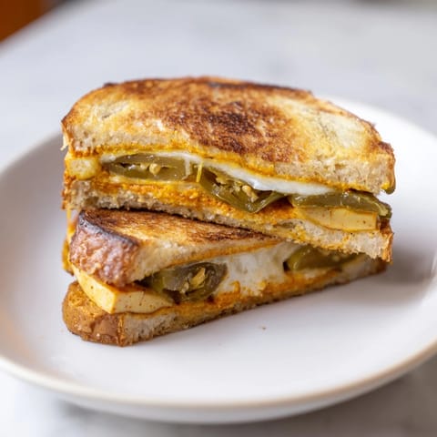 Golden, perfectly toasted sourdough surrounds savory spicy crispy tofu grilled cheese, ideal for a comforting lunch.