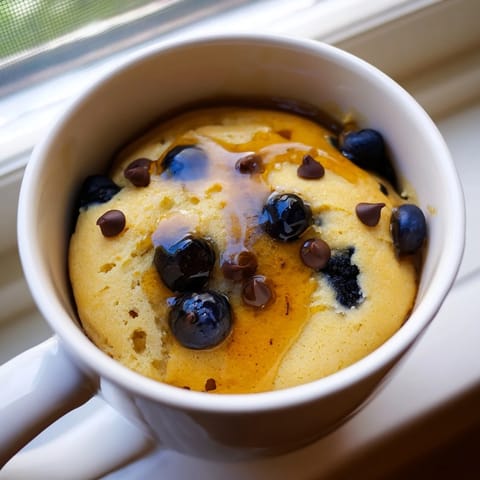 A close-up of a golden-brown microwave mug pancake, a quick and easy breakfast treat.