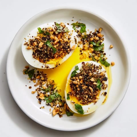 Vibrant brunch of Dukkah-Spiced Eggs, showcasing perfectly poached eggs sprinkled with fragrant spice.