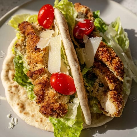 Homemade Crispy Herbed Chicken Caesar Pitas ready to eat with a side of lemon wedges.