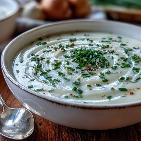 Top-down view of Creamy Celery Root Bisque in a rustic bowl, garnished with parsley and paired with crusty bread.