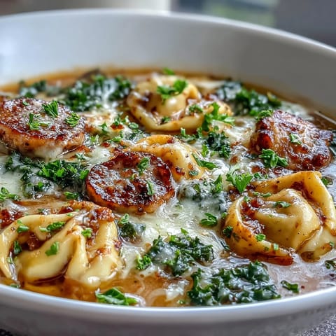 Creamy Pumpkin Tortellini Soup with chicken sausage and kale served steaming hot in a rustic bowl.