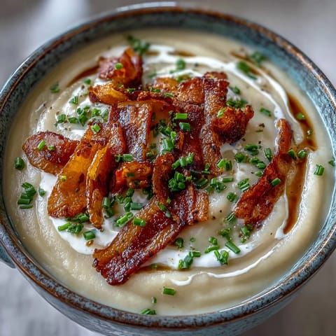 Steaming bowl of Creamy Celeriac Soup with Crispy Bacon, served with warm artisan bread alongside for dipping.