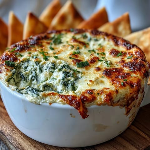 Golden bubbly Spinach Artichoke Dip fresh from the oven, topped with melted mozzarella and served with crispy tortilla chips.