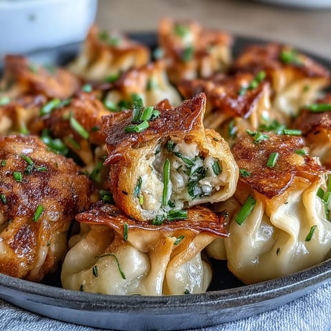 Golden-brown smash dumplings with crispy bottoms are lined up on a plate, ready to dip into a small bowl of soy-vinegar sauce.