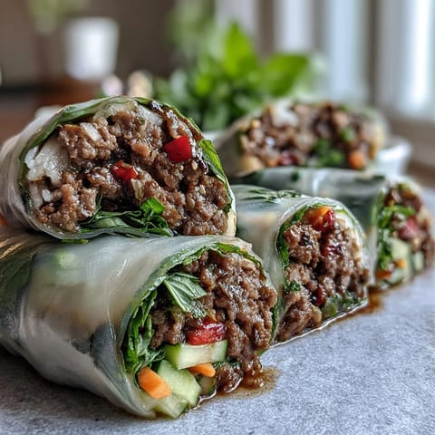 A close-up of a vibrant Thai Basil Beef Roll, sliced to reveal tender ground beef, Thai basil, and rice noodles inside.