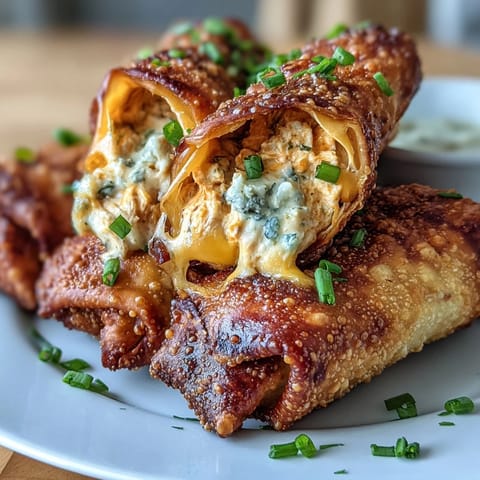 Crispy Buffalo Chicken Dip Egg Rolls on a platter with celery sticks and blue cheese sauce, perfect for game day.  