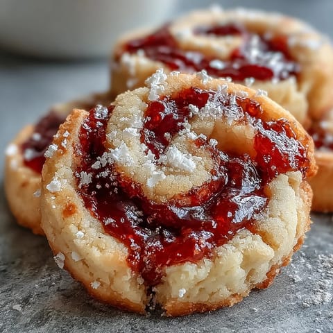 A close-up view of a Raspberry Swirl Shortbread Cookie with a vibrant dollop of raspberry jam in the center.