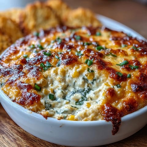 A baked bowl of warm Crack Corn Dip with golden cheesy top, served with tortilla chips for dipping.