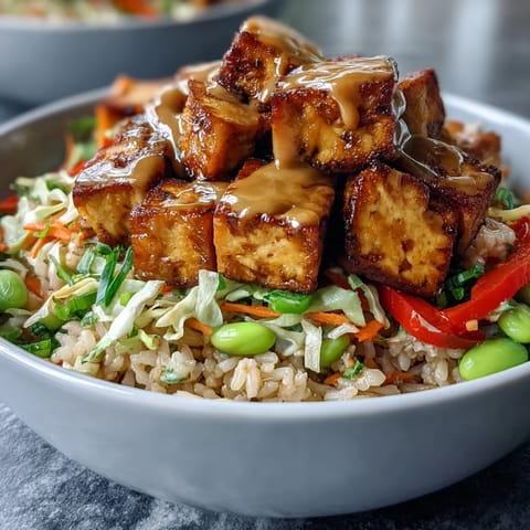 Roasted tofu with edamame and purple cabbage in a grain bowl, finished with sesame seeds and a generous peanut drizzle.
