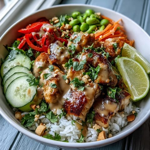 Spicy creamy peanut sauce drizzled over Thai Peanut Chicken Bowl with fresh lime and cilantro.