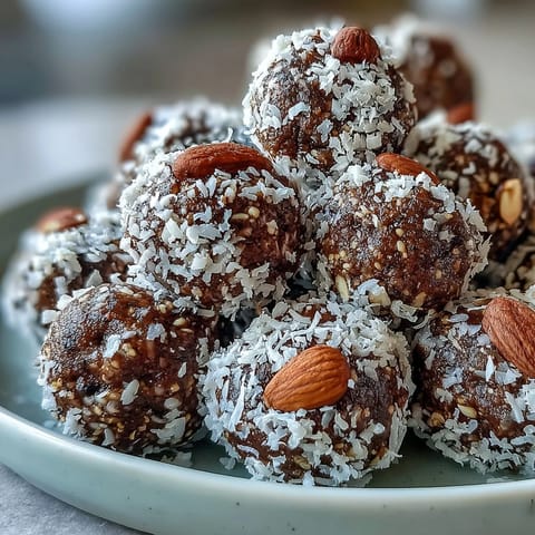 Freshly rolled Hojicha Energy Balls packed with Medjool dates, cashews, and almonds are grouped on a wooden cutting board.