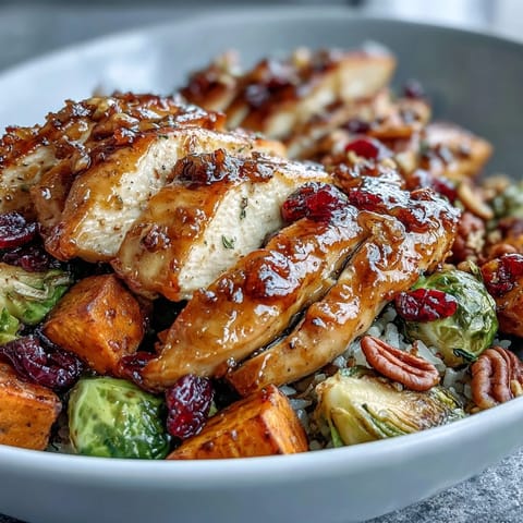 Sliced juicy chicken glazed with sweet maple Dijon sauce over a hearty rice base with roasted veggies in a white ceramic bowl.