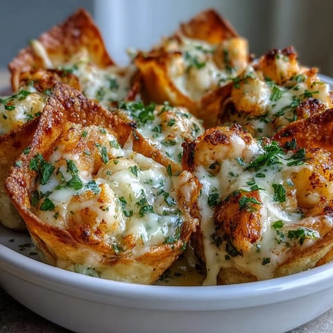 Golden-brown Cheesy Seafood Tortilla Bombs bake bubbly under creamy garlic sauce in a dish.