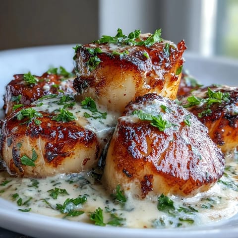 A close-up of pan-seared scallops with rich, creamy Cajun sauce, served alongside fluffy white rice.