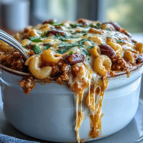 A close-up of baked ranch turkey chili mac in a Dutch oven, topped with melted sharp cheddar and fresh cilantro.