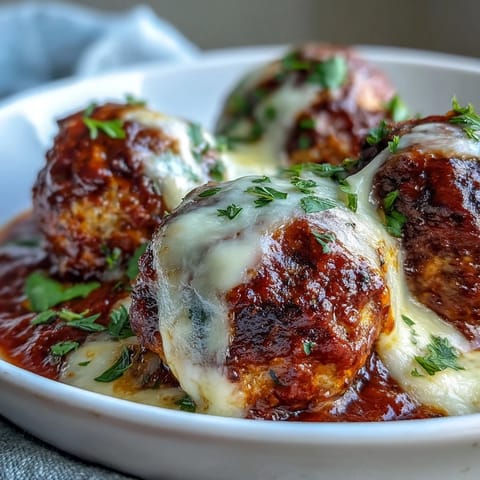 Savory Baked Spicy Chicken Parm Meatballs served in a toasted roll with fresh parsley garnish.