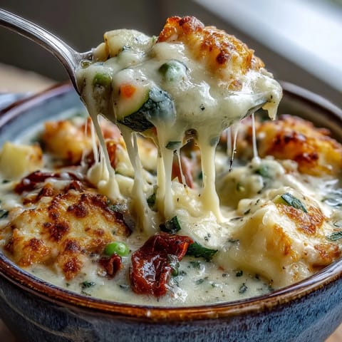 Creamy Garlic Parmesan Veggie Soup steams in a white bowl, topped with extra Parmesan and cracked black pepper.